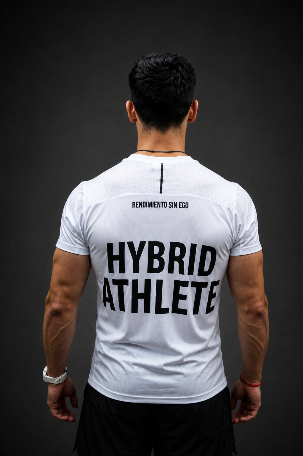 Espalda Dry Fit HYDN blanca con estampado HYBRID ATHLETE en negro
