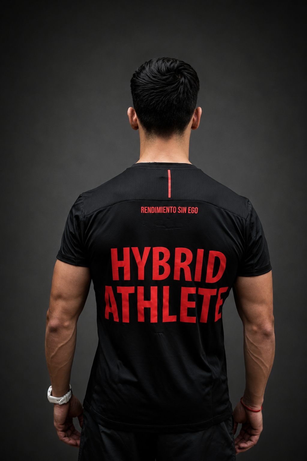 Espalda Dry Fit HYDN negra con estampado HYBRID ATHLETE en rojo