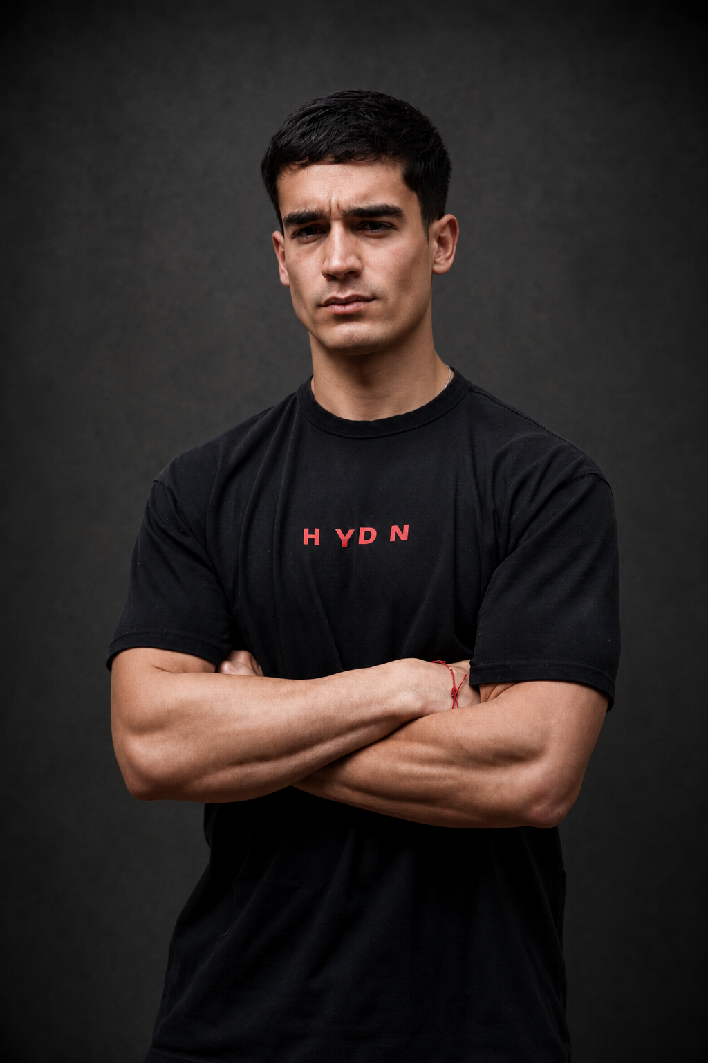 Polera oversize HYDN Hybrid Club washed black, vista frontal con logo HYDN en rojo